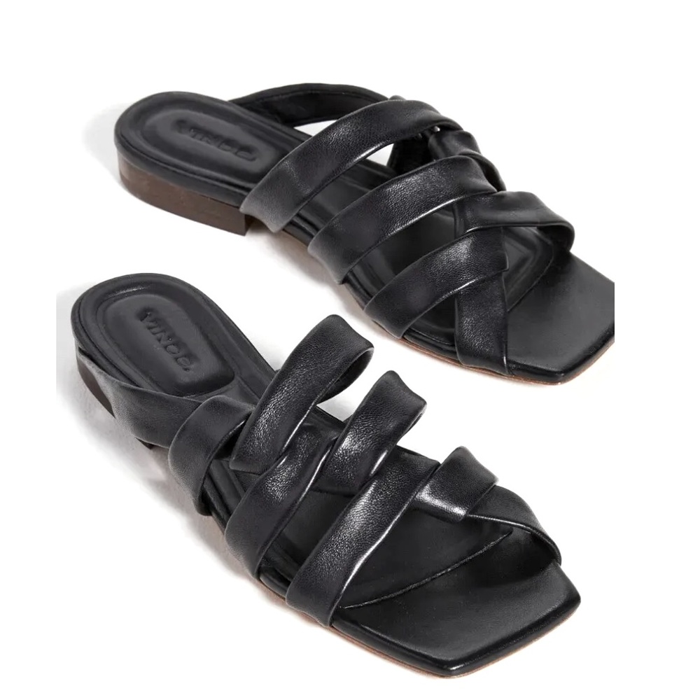 Vince Sandal Slide Zayna Black Leather Flat Square Strappy Slip On 6.5M $275